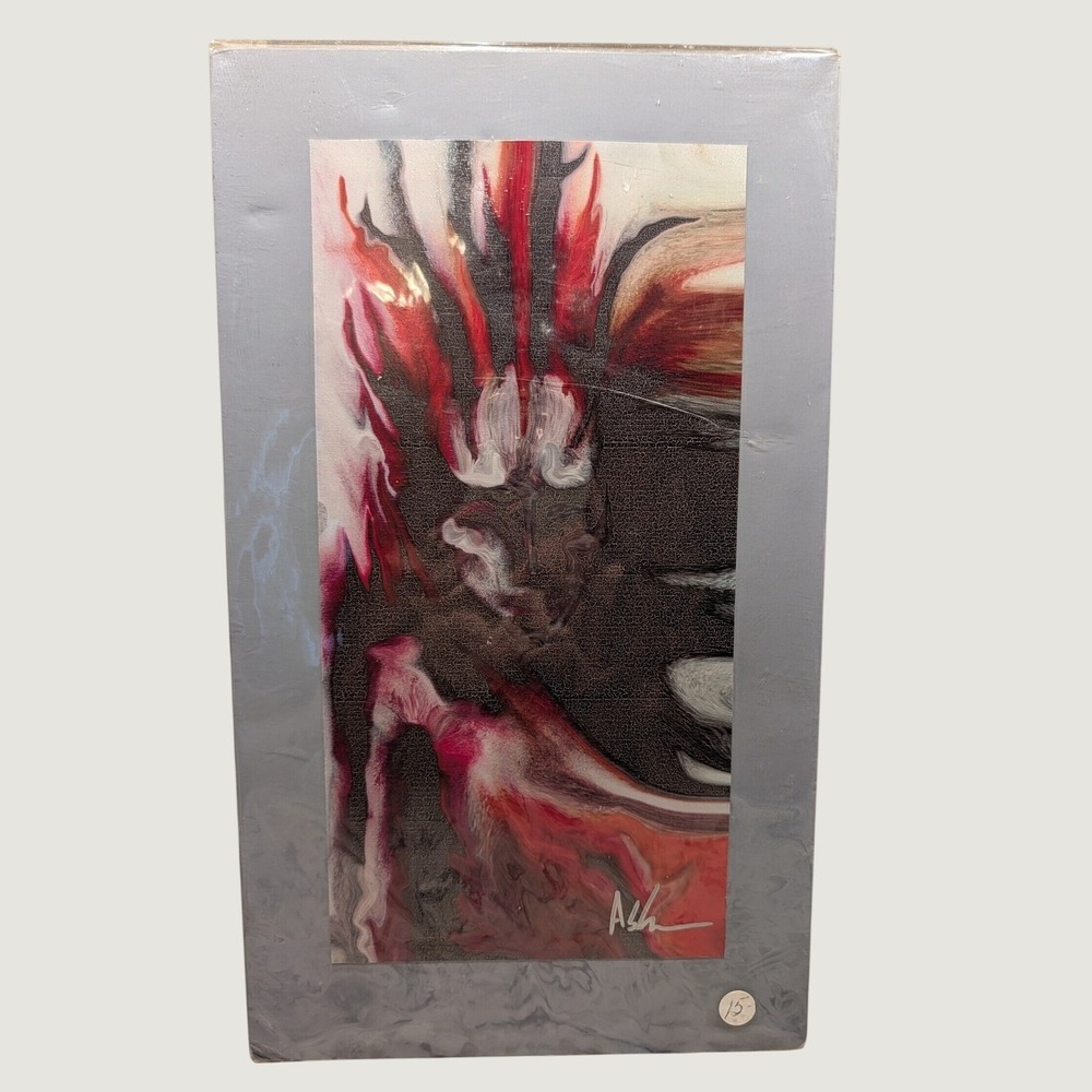 Abstract Fluid Art Painting Signed Ash Red Black Acrylic Pour 8x12 Original